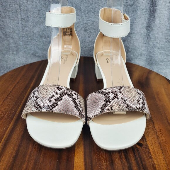 Clarks Sandals Women's 8 M White Leather Ankle Strap Block Heel Snake Print - Picture 2 of 10